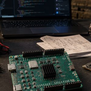 Arduino UNO Q on workbench with soldering iron, multimeter, breadboard sensor, code editor, tracked UGV chassis, and portable hotspot