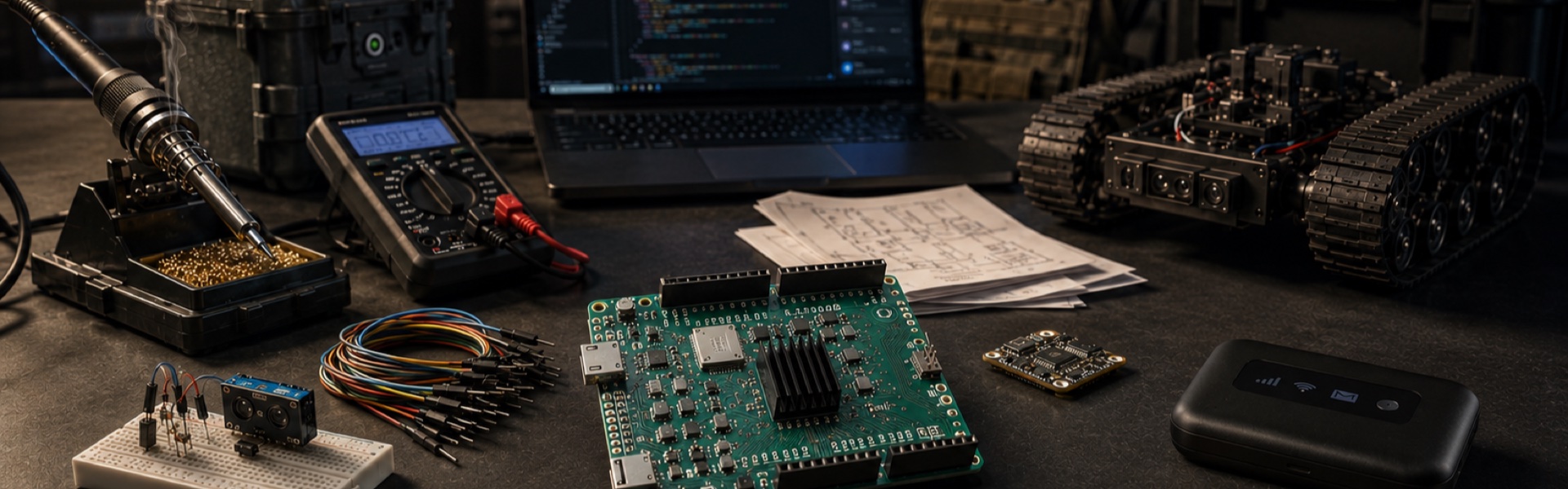 Arduino UNO Q on workbench with soldering iron, multimeter, breadboard sensor, code editor, tracked UGV chassis, and portable hotspot